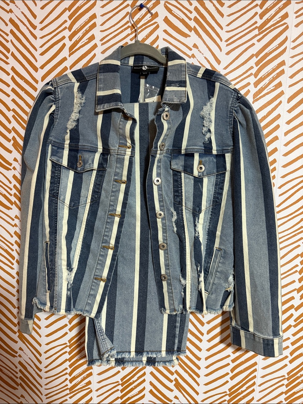 Ashley Stewart Blue and White Striped Distressed Denim Jacket